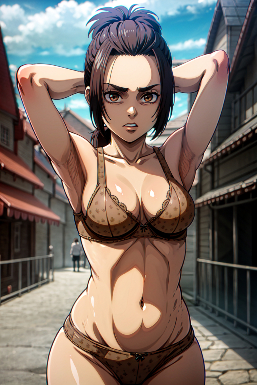 ai generated, armpits, arms up, attack on titan, belly button, blurry background, bow bra, bow panties, bra, breasts, brown hair, cleavage, collarbone, cowboy shot, female, female focus, forehead, front view, gabi braun, half naked, hands behind head, light skin, light-skinned female, looking at viewer, medium breasts, navel, outdoors, shingeki no kyojin, showing off, teeth clenched, thighs, underwear, underwear only, upper body