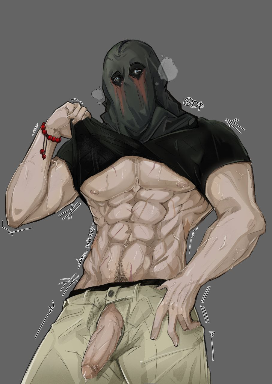 1boy, activision, bara, big bulge, big penis, bulge, call of duty, call of duty modern warfare 2 (2022), clothing, gay, huge bulge, könig, konig, male, male focus, male nipples, male only, male pubic hair, masculine male, mask, masked, masked male, muscular, muscular male, nipples, no visible face, penis, pubic hair, shirt lift, simple background, solo, solo male, sweat, sweating, tight clothing, yaoi