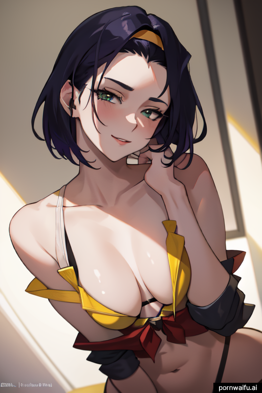 1girls ai_generated breasts cleavage cowboy_bebop faye_valentine female hairband head_tilt human large_breasts pale-skinned_female pale_skin pornsword.io pornwaifu.ai purple_hair short_hair