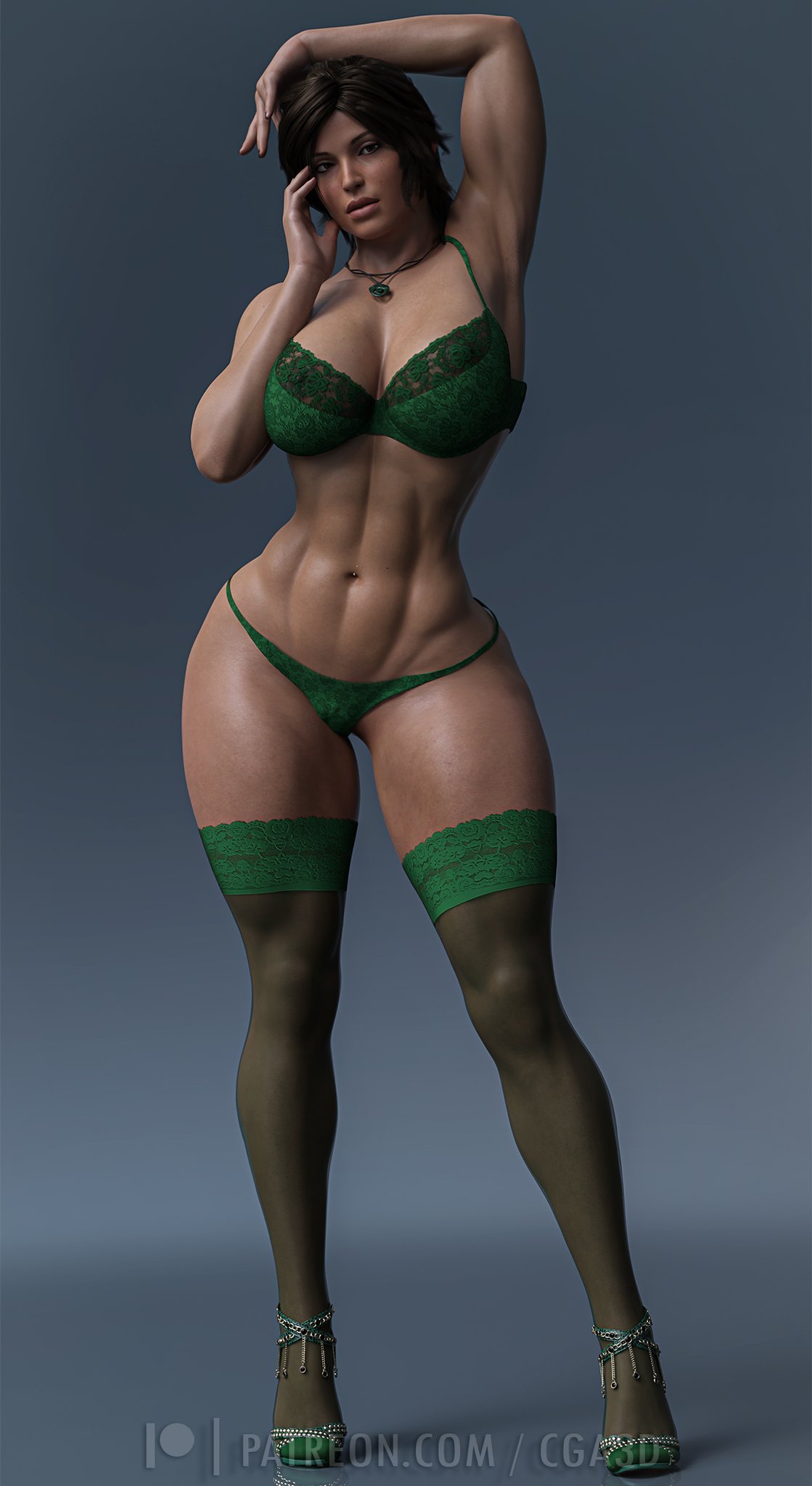 1girls, 3d, abs, ass, biceps, big ass, big breasts, bra, breasts, british, british female, bust, busty, cga3d, chest, child bearing hips, curvaceous, curvy, curvy figure, erotichris, eyebrows, eyelashes, eyes, female, female focus, hands up, high heels, hips, hourglass figure, human, lara croft, lara croft (survivor), large breasts, legs, light skin, light-skinned female, lingerie, lips, looking at viewer, mature, mature female, muscular, muscular female, navel, navel piercing, necklace, panties, plump lips, short hair, simple background, slim waist, solo, thick, thick hips, thick legs, thick thighs, thighhighs, thighs, thong, tomb raider, tomb raider (survivor), top heavy, voluptuous, voluptuous female, waist, wide hips
