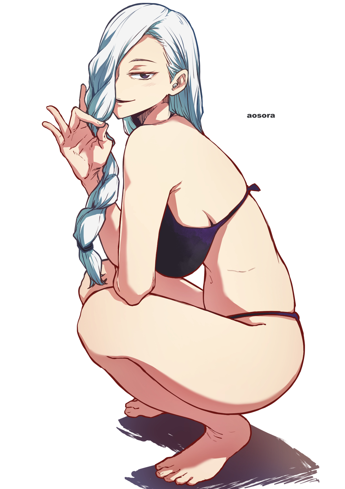 1girls, aosora, artist name, barefoot, big breasts, bikini, black eyes, braid, braided bangs, breasts, fellatio gesture, female, full body, gesture, hair over one eye, highres, jujutsu kaisen, large breasts, long hair, looking at viewer, mei mei (jujutsu kaisen), purple bikini, shadow, solo, squatting, swimsuit, white background, white hair, white-haired female