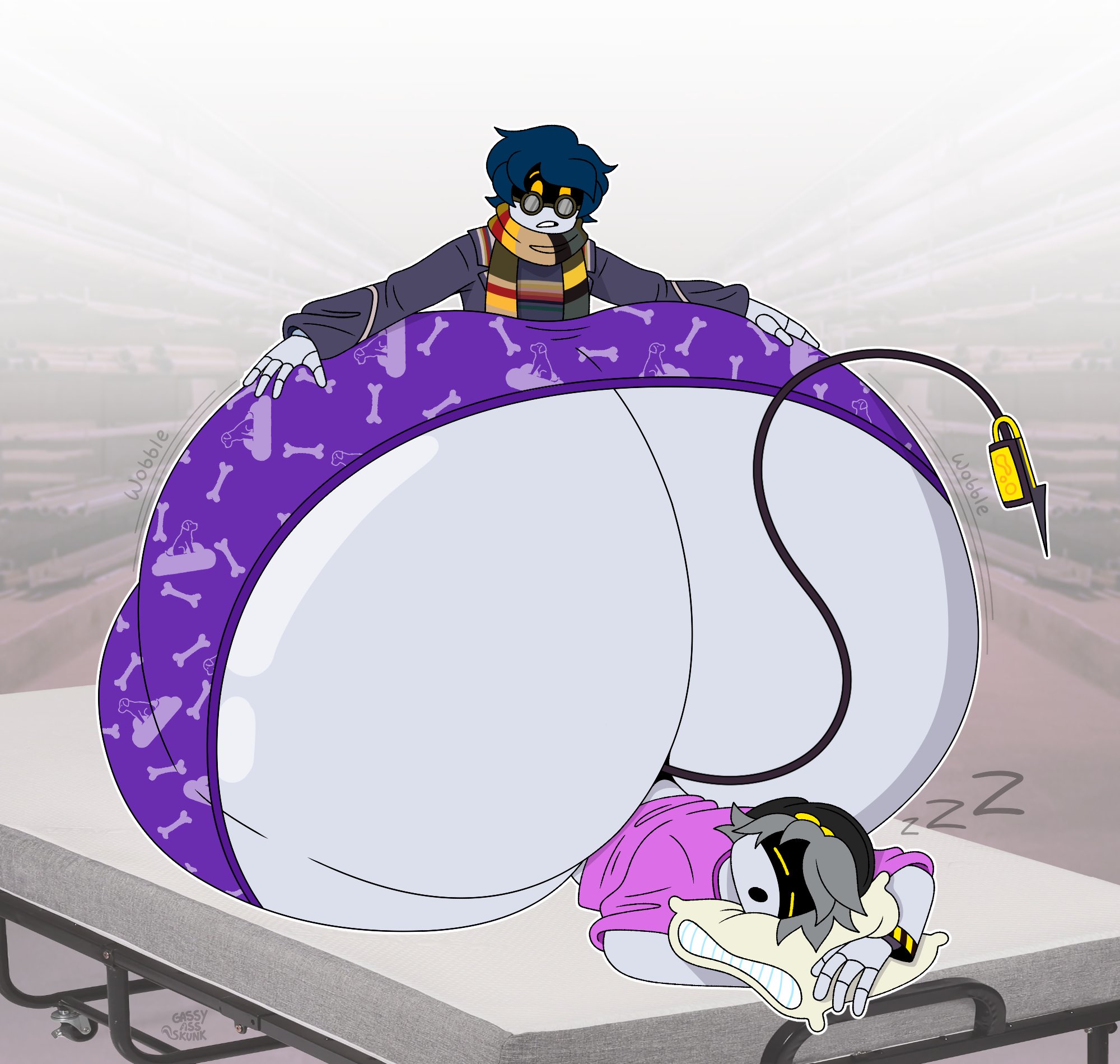 2boys, ass, big ass, big butt, blue hair, butt, deelikedeez (artist), fat ass, fat butt, glasses, glitch productions, grey hair, hat, huge ass, huge butt, hyper ass, male, male only, murder drones, murder drones oc, n (murder drones), orange eyes, pajama pants, pajamas, robot, sleeping, smith (deelikedeez), tail, text, thick ass, thick butt, wobbling ass, wobbling butt, yellow eyes, zzz