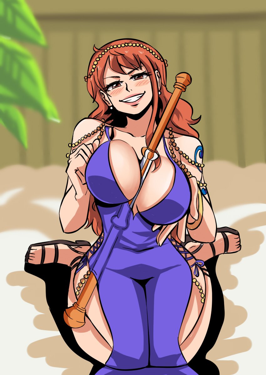 1girls between_breasts breasts cleavage clima-tact clima-tact_between_breasts dress female female_only nami one_piece post-timeskip purple_dress shounen_jump solo tagme thick_thighs tinafate1 wide_hips