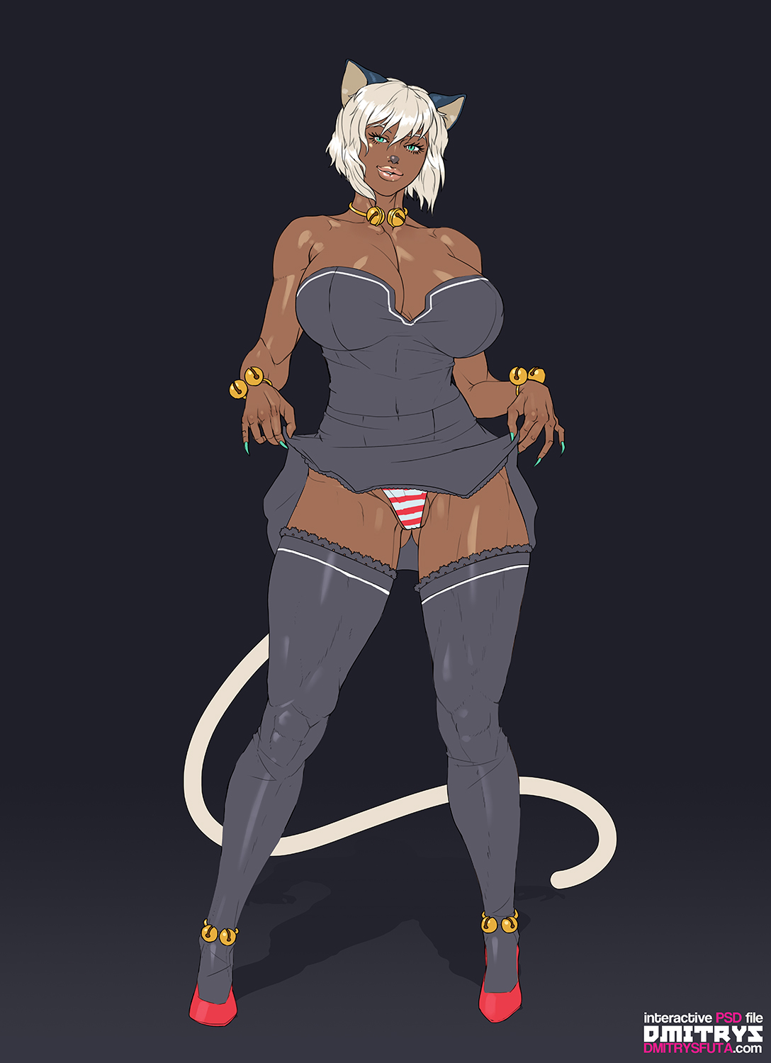 abs, blue eyes, breasts, cat ears, cat girl, cat tail, dark skin, dmitrys, female, large breasts, muscular, navel, smile, standing, tail, thick thighs, white hair