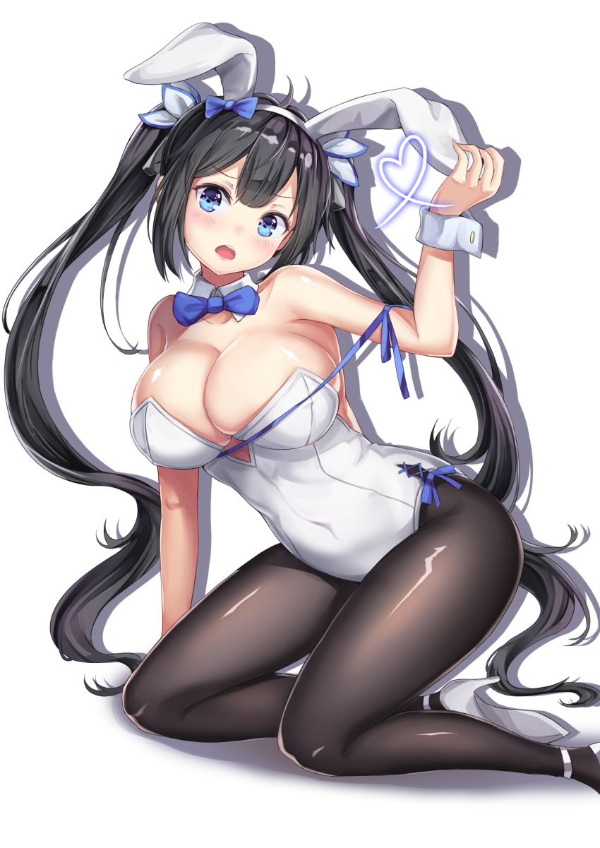 :o, animal ears, arm up, bangs, bare arms, bare shoulders, black hair, blue eyes, bow, bowtie, breasts, bunny ears, bunny girl, bunnysuit, cenangam, cleavage, collarbone, detached collar, dungeon ni deai wo motomeru no wa machigatteiru darou ka, female, hair ribbon, hairband, head tilt, heart, hestia (danmachi), high heels, kneeling, large breasts, long hair, looking at viewer, rei no himo, ribbon, shoes, strapless, strapless leotard, tied hair, twintails, very long hair