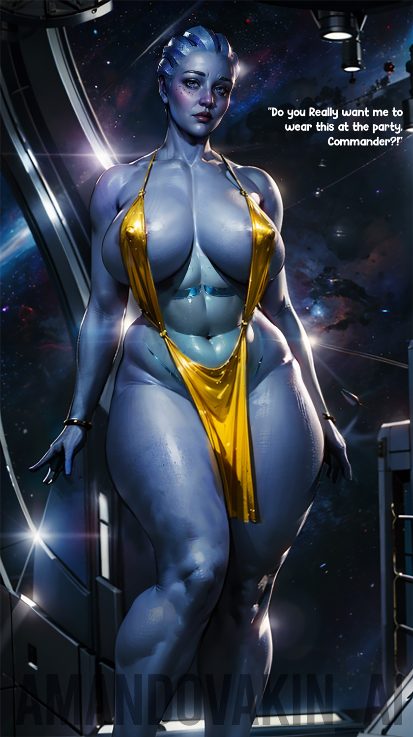 ai generated, alien girl, amandovakinai, asari, big breasts, blue skin, breasts, female, mass effect, milf, monster girl, space, thick thighs