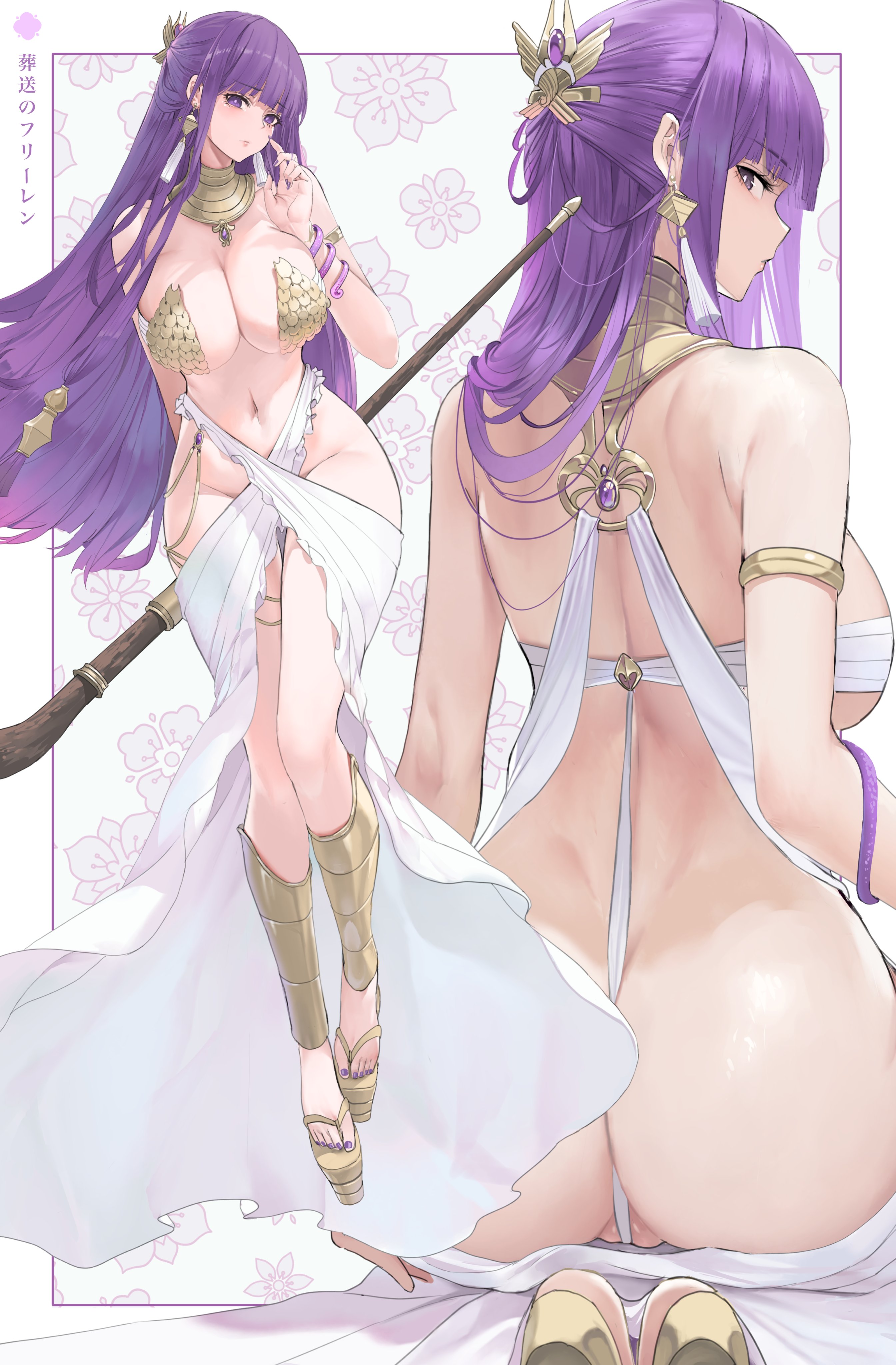 1girls, ass, breasts, dancer outfit, dishwasher1910, female, fern (sousou no frieren), front and back, harem outfit, hi res, huge breasts, large ass, light skin, light-skinned female, long hair, metal bikini, nail polish, naughty face, purple eyes, purple hair, purple nails, sousou no frieren, staff