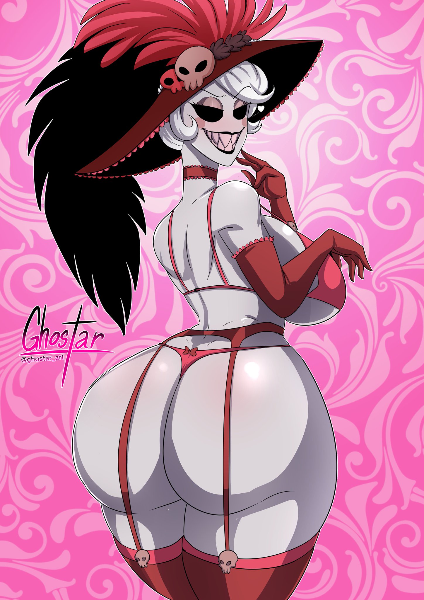 1girls, alternate version available, artist signature, ass, back view, backboob, background, big ass, big breasts, big butt, breasts, female, female focus, female only, ghostar, grey body, grey skin, hazbin hotel, huge ass, huge breasts, massive ass, massive butt, mature female, red hat, rosie (hazbin hotel), smile, tagme, underwear, underwear only