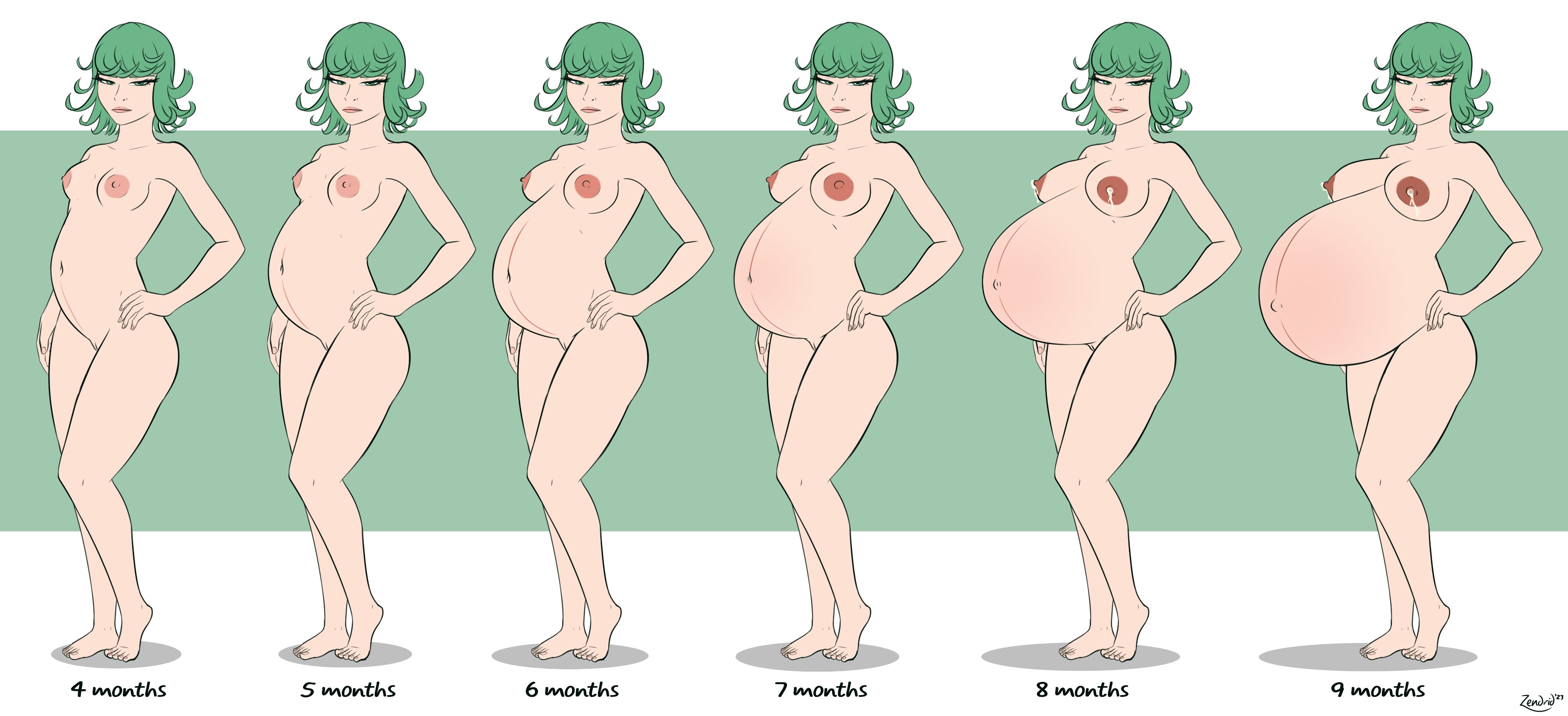 1girls, belly, big belly, breasts, female, green hair, lactation, linea nigra, nipples, nude, one-punch man, pregnancy progress, pregnancy progression, pregnant, pussy, sequence, solo, tatsumaki, zendrid