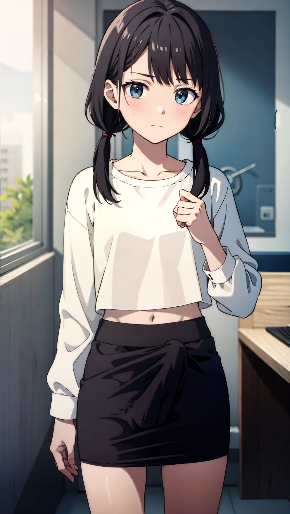 ai generated, crop top, erection, erection under clothes, erection under clothing, female, futanari, intersex, long sleeves, low twintails, pencil skirt, skinny, skirt, yuuki snow