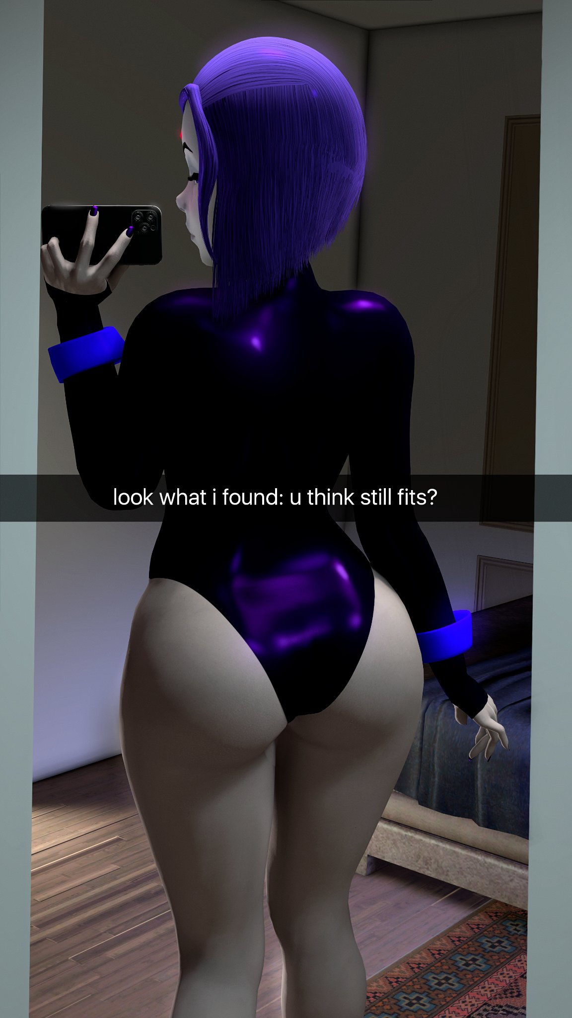 1girls 3d ass ass_focus blue_hair butt dc dc_comics female female_only leotard marianart phone raven_(dc) short_hair snapchat solo teen_titans