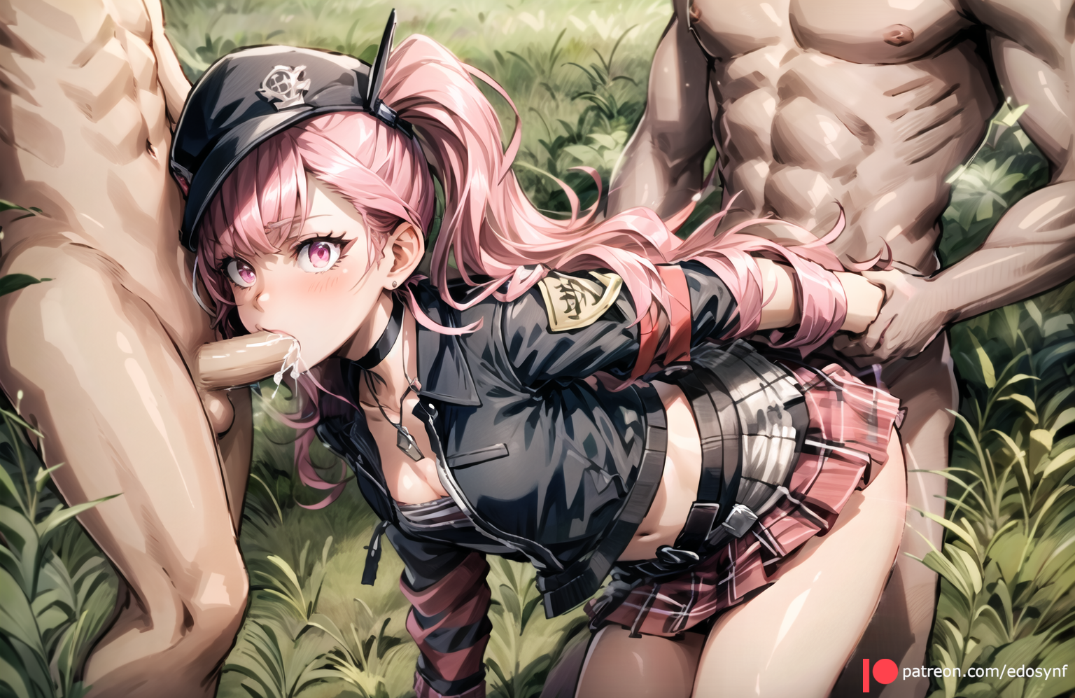 1girls, 2boys, ai generated, black choker, black headwear, black jacket, breasts, choker, cleavage, clothed female nude male, cum, edosynf, fellatio, female, group sex, hat, highres, human, human female, human only, jacket, jewelry, leather jacket, long hair, male, miniskirt, mmf threesome, multiple boys, multiple males, necklace, nude, oral, outdoors, palworld, penis, pink eyes, pink hair, plaid, plaid skirt, pleated skirt, sex, sex from behind, skirt, solo focus, spitroast, straight, threesome, zoe rayne