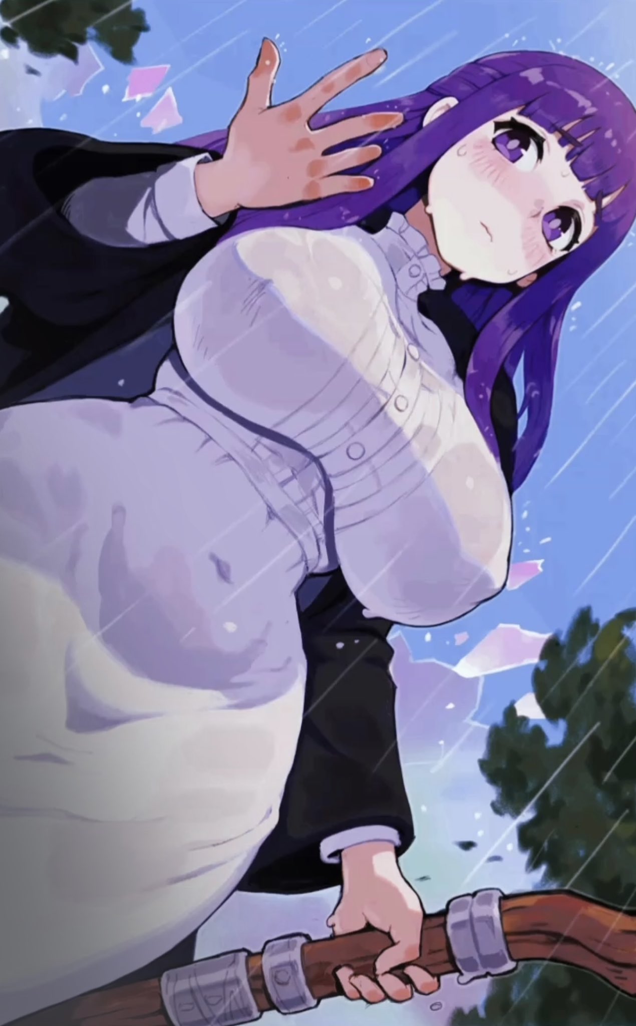 1girls breasts female fern_(sousou_no_frieren) hibaneim purple_hair rain see-through_clothing sousou_no_frieren tagme wet