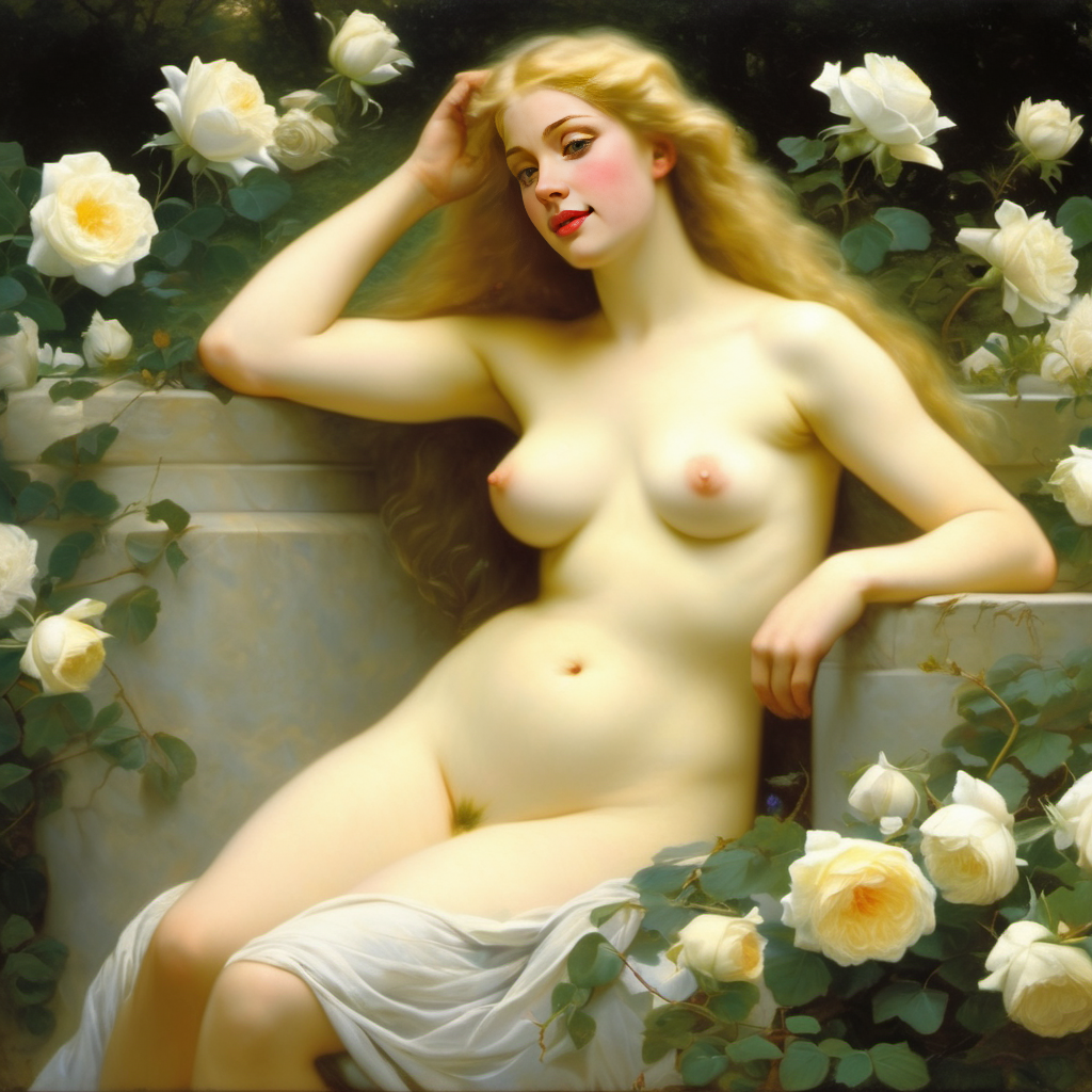 ai_generated belly blonde_hair blue_eyes breasts curly_hair curvy female flower flowers lips long_hair medium_breasts navel nipples nude presenting realistic rose_(flower) smile solo white_rose william_bouguereau