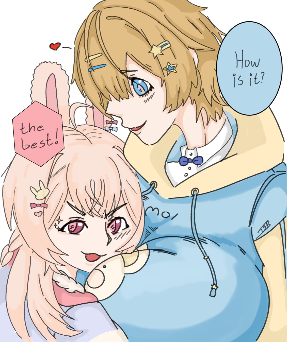 1boy 1girls 2024 alternate_breast_size amoi_moi_moi animal_ears bear blonde_hair blue_clothing blue_eyes blue_hoodie bunny bunny_ears bunny_girl bunny_hair_ornament crossover ear_ornament english_text female girly hair_ornament heart hoodie indie_virtual_youtuber large_breasts light-skinned_female light-skinned_male light_skin male male_with_breasts meme phase_connect phase_origins pink_clothing pink_eyes pink_hair pipkin_pippa pipkin_pippa_(1st_costume) rabbit rabbit_ears rabbit_girl star star_(symbol) star_hair_ornament text text_bubble the_school_rumbler transformation virtual_youtuber vtuber white_clothing yellow_clothing yellow_hoodie