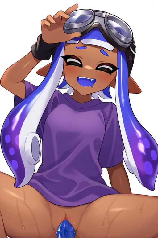 ai_generated black_eyes dildo fan_character goggles_on_head hybrid inktoling lavender_(splatshorts) lavender_hair masturbation no_panties no_pants shirt splatoon sweatband tan-skinned_female tiktok white_background