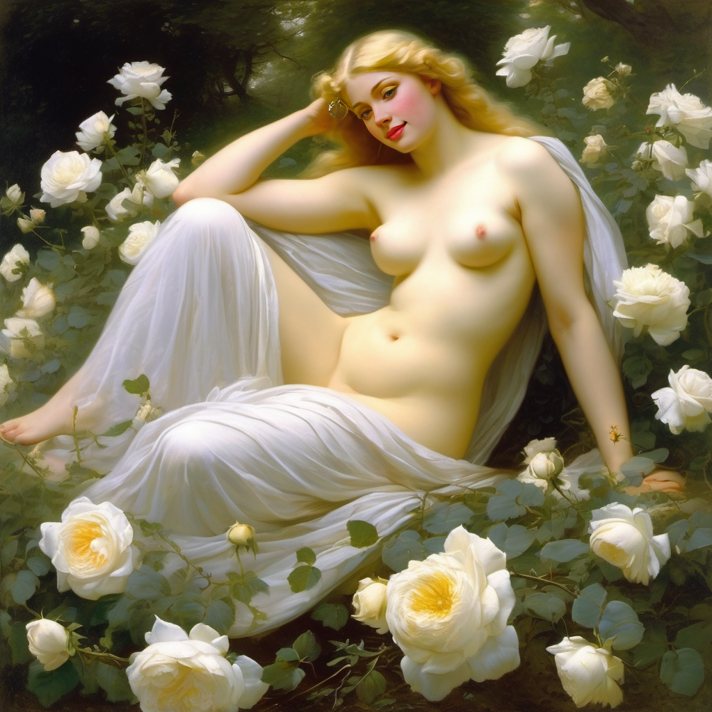 ai_generated belly blonde_hair blue_eyes breasts curly_hair curvy female flower flowers lips long_hair medium_breasts navel nipples nude presenting realistic rose_(flower) smile solo white_rose william_bouguereau