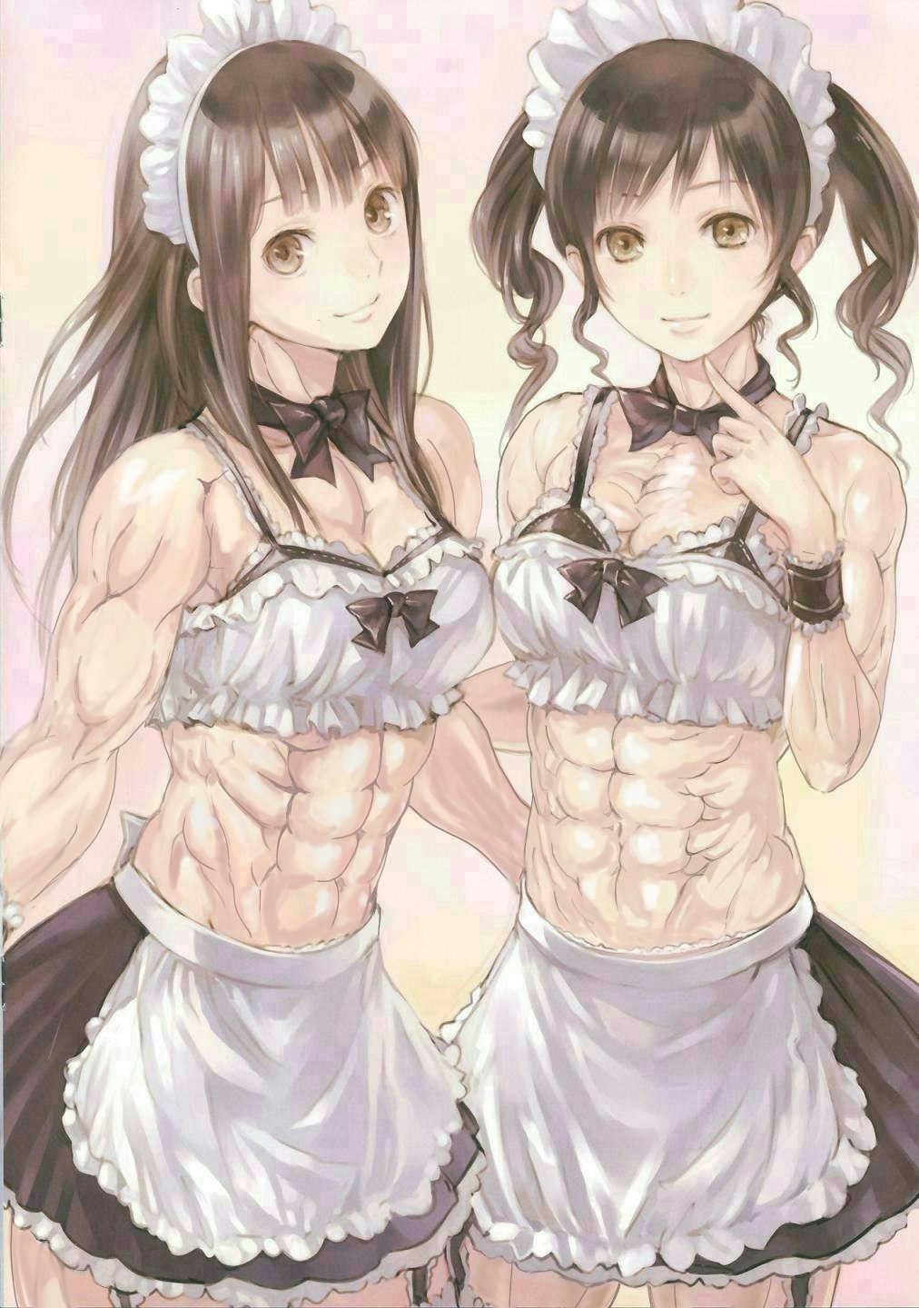 2girls abs apron bangs bare_shoulders biceps blunt_bangs bow bowtie brown_eyes brown_hair extreme_muscles female frills hair_ornament kishida_mel long_hair maid maid_apron maid_headdress maid_outfit midriff multiple_girls muscle muscular_female navel original photoshop ribs smile tied_hair twintails wrist_cuffs