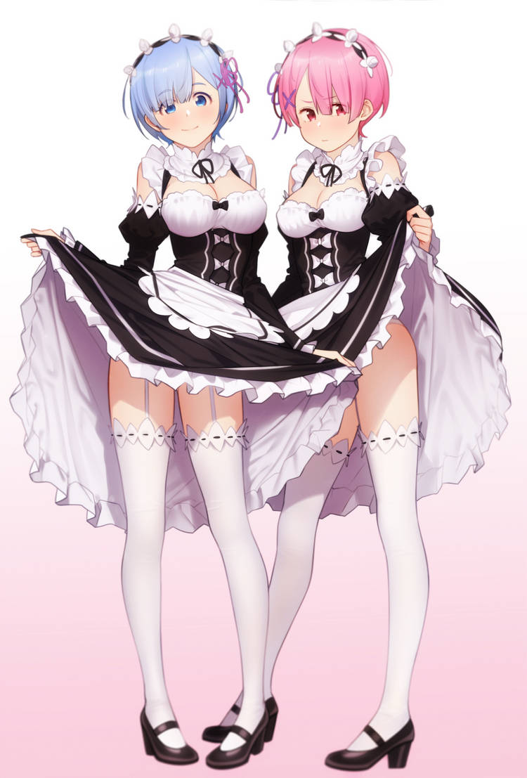 leg_garter ram_(re:zero) re:zero_kara_hajimeru_isekai_seikatsu rem_(re:zero) sisters twins