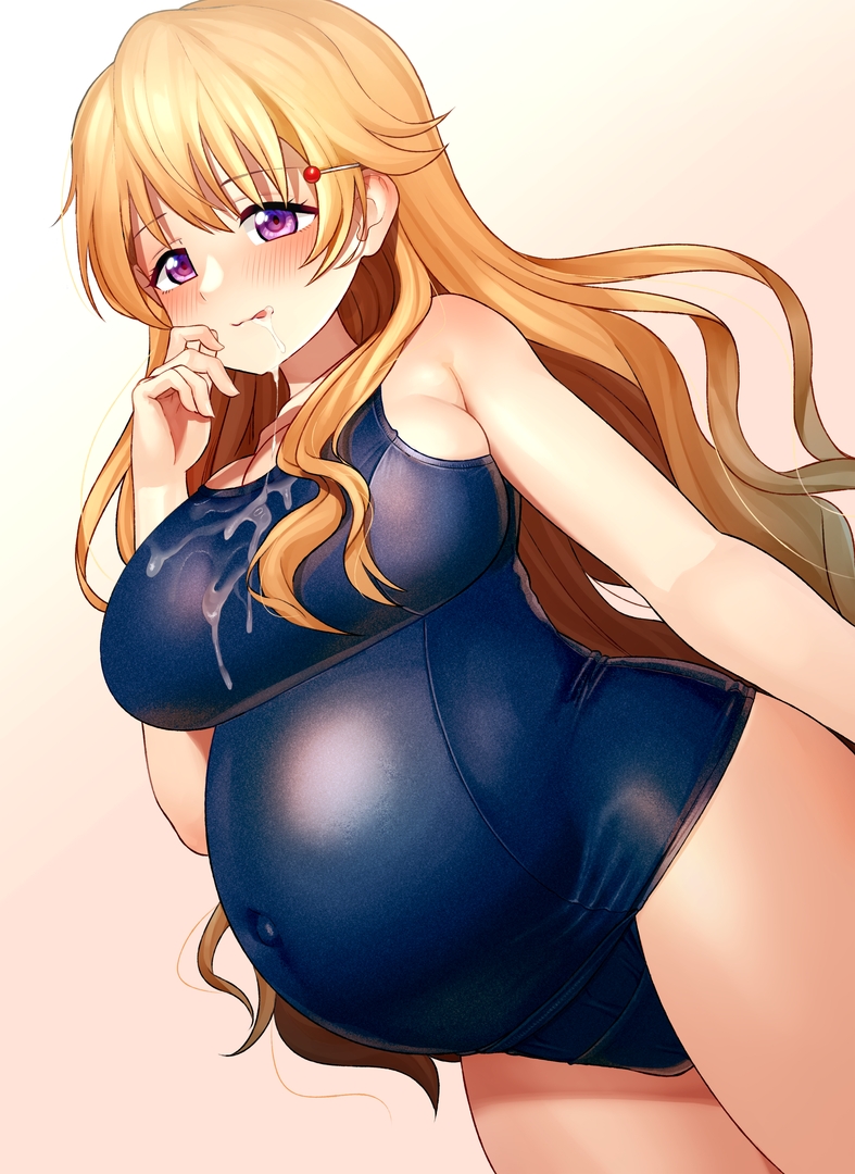 1girls big_breasts blonde_hair blush cum cum_in_mouth cum_on_breasts egao_sikorsky female female_only hairclip konoe_kanata licking_lips long_hair love_live! love_live!_nijigasaki_high_school_idol_club one-piece_swimsuit pregnant purple_eyes school_swimsuit solo swimsuit wavy_hair