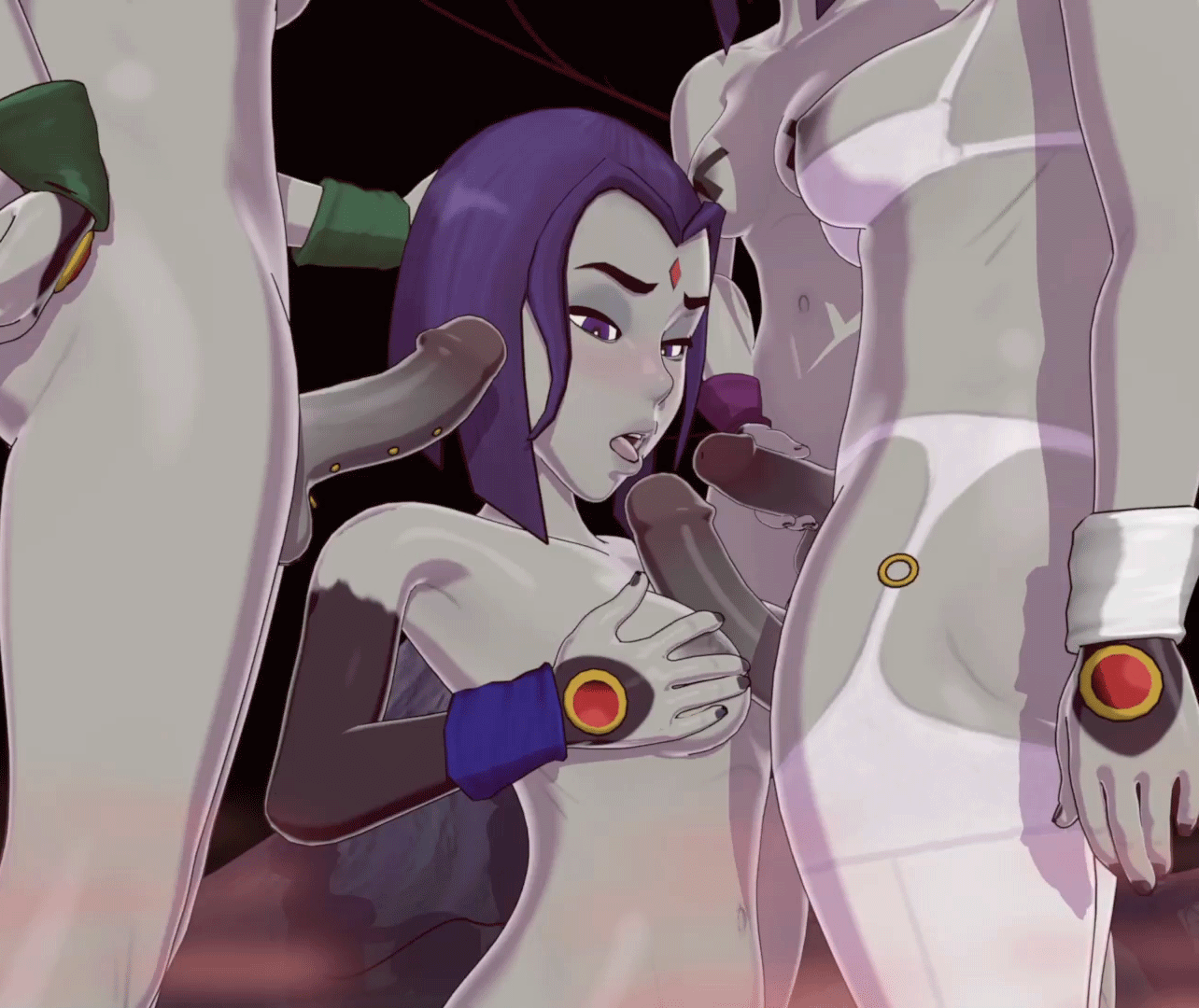 2016, 3d, 4girls, 5 fingers, animated, areolae, blush, bra, breasts, dc, dc comics, erection, female, foursome, futa on female, futa with female, futanari, gif, grey skin, hand on breast, hand on head, handjob, hands, human, intersex, masturbation, medium breasts, nail polish, naizuri, nipples, nude, open mouth, paizuri, pale skin, penis, purple eyes, purple hair, rachel roth, raven (dc), raven (teen titans), raven's emotions, selfcest, shadow, short hair, skuddbutt, standing, stockings, teen titans, tongue, white bra