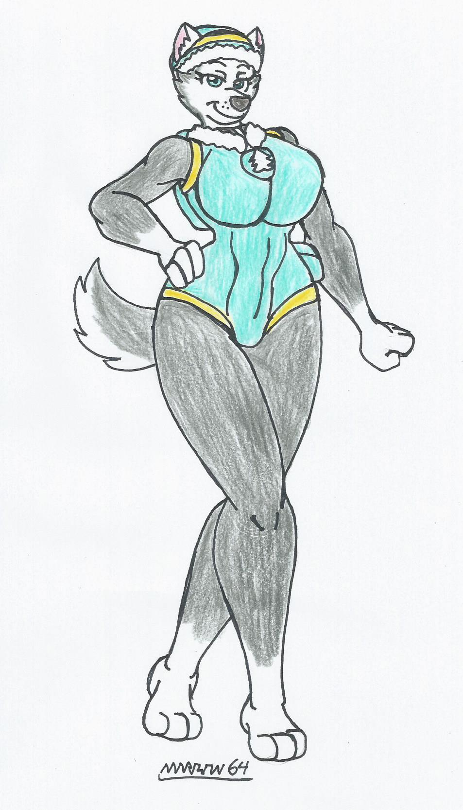 anthro big_breasts big_hips dog_collar dog_girl dog_humanoid domestic_dog everest_(paw_patrol) female_only furry gray_fur hand_on_hip husky leotard looking_at_viewer marlon64 paw_patrol smiling_at_viewer solo_female traditional_drawing_(artwork) white_background white_fur