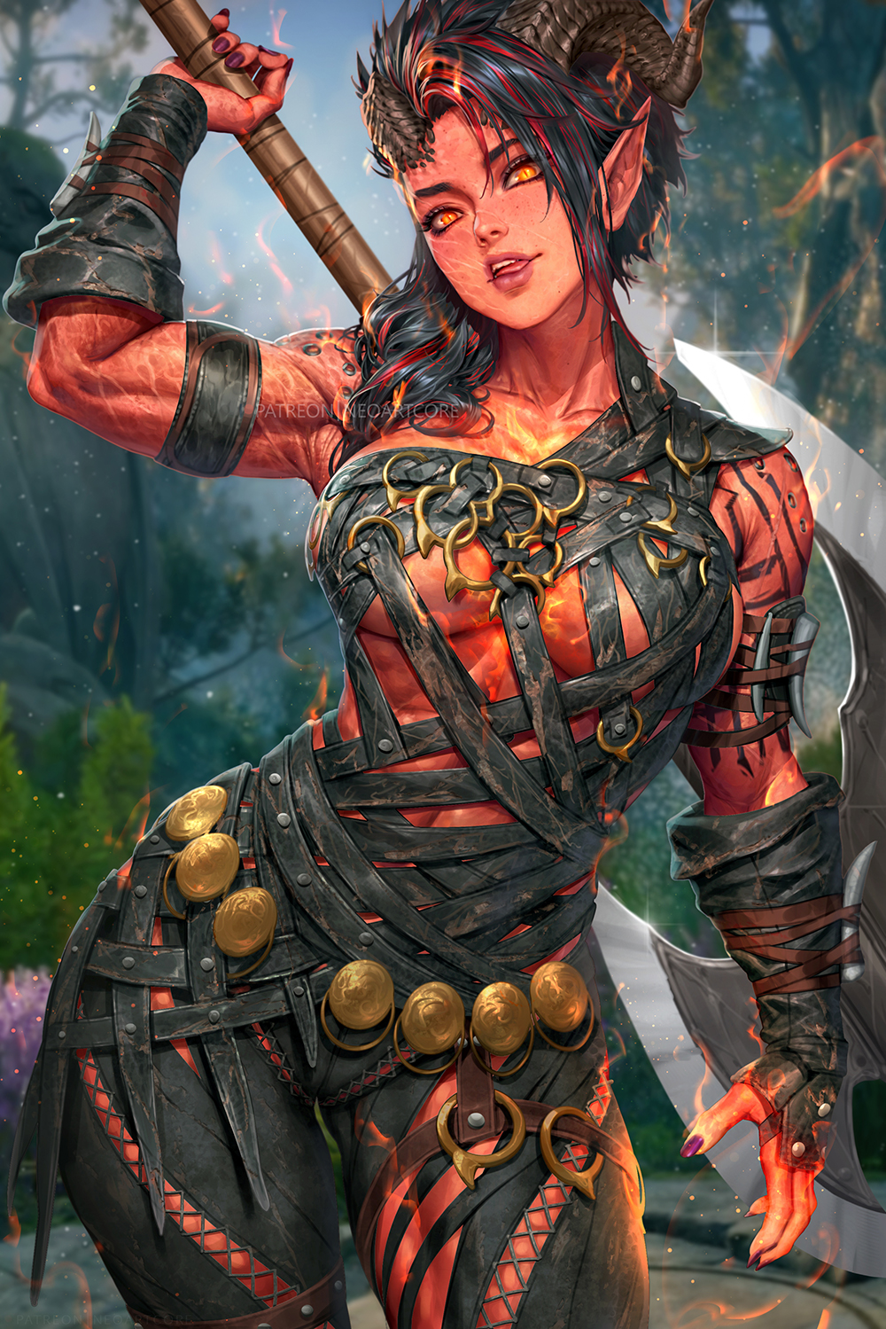 1girls abs axe baldur's_gate_3 bare_shoulders big_breasts black_hair clothed clothing color demon demon_girl demon_horns dungeons_and_dragons female female_focus female_only forgotten_realms hi_res karlach large_breasts licking_lips looking_at_viewer muscles muscular muscular_female neoartcore red_body red_eyes red_skin short_hair solo solo_female tagme tattoos thick_thighs tongue tongue_out weapon