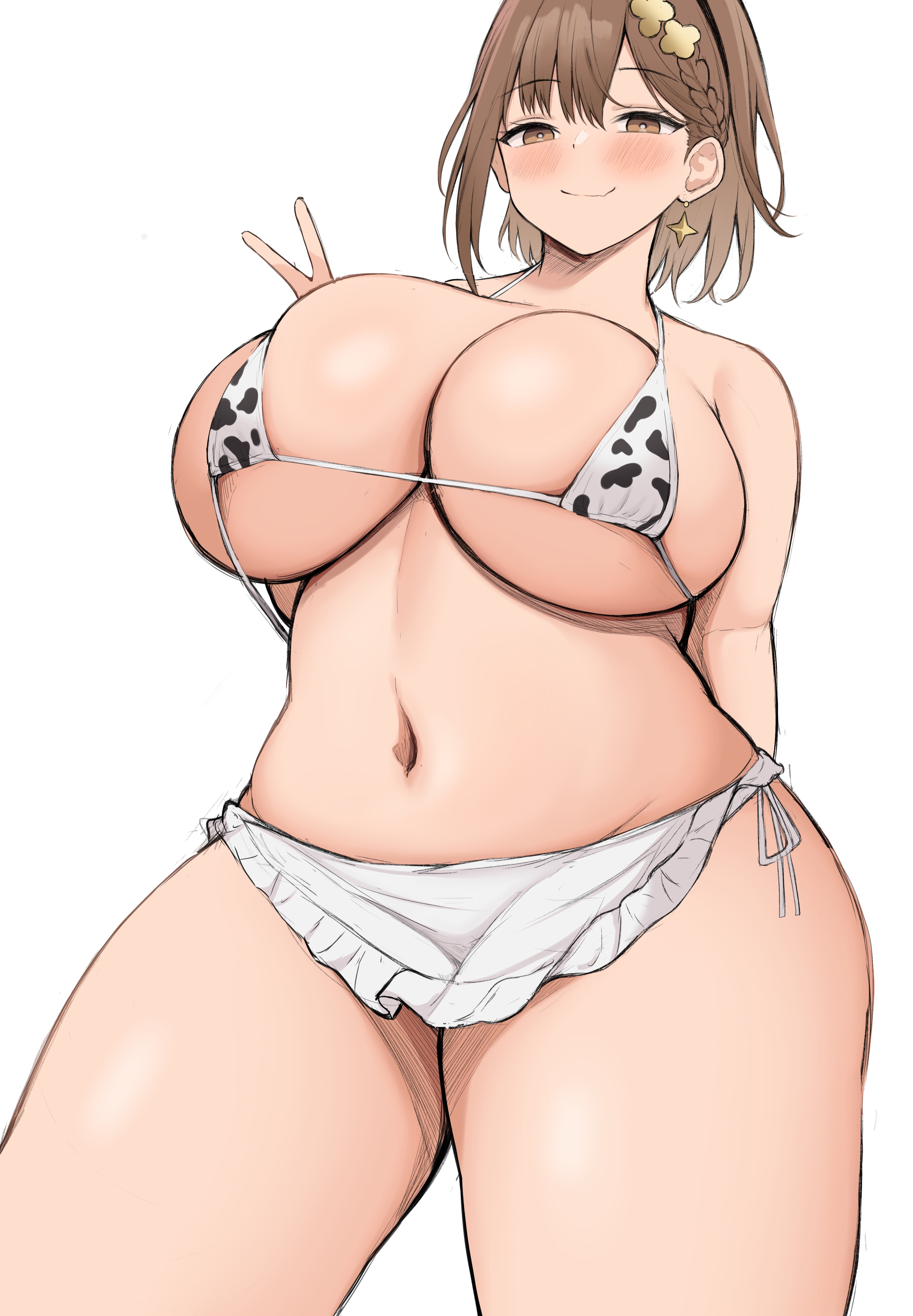 1girls, atelier (series), atelier ryza, bikini, breasts, brown eyes, brown hair, female, hi res, huge breasts, light skin, light-skinned female, micro bikini, neneneji, nipples, reisalin stout, short hair, voluptuous