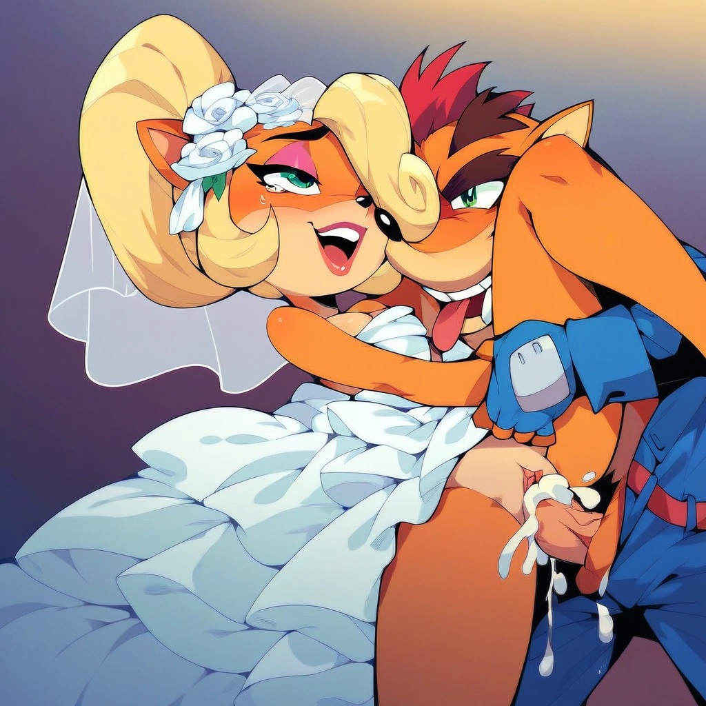 ai generated, brother and sister, coco bandicoot, crash (series), crash bandicoot, cum in pussy, female, incest, pussy, sex, tagme, tongue, tongue out, wedding dress