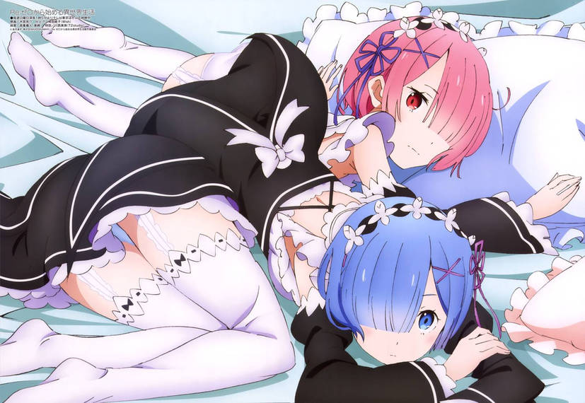 2d, 2girls, ass, bangs, bed, bedsheets, blue eyes, blue hair, detached sleeves, feet, female, female only, hair ornament, hair over one eye, maid, maid headdress, maid uniform, matching hair/eyes, official art, on bed, panties, pantsu, pink eyes, pink hair, ram (re:zero), re:zero kara hajimeru isekai seikatsu, rem (re:zero), roswaal mansion maid uniform, short hair, sisters, thighhighs, thighs, twins, white thighhighs, x hair ornament