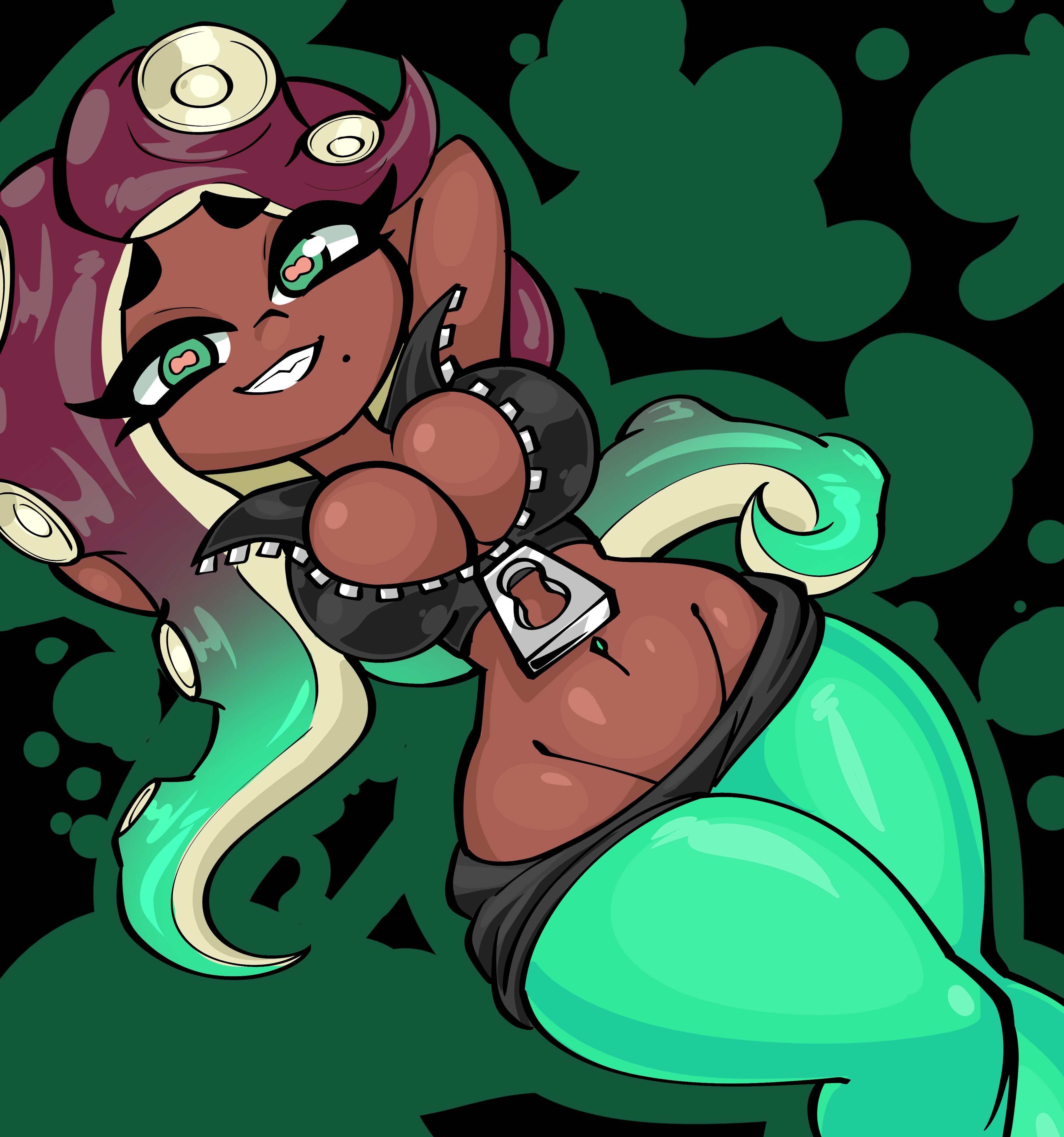 breasts, cleavage, crop top, dark skin, dark-skinned female, female, green eyes, jek korpen, large breasts, marina (splatoon), multicolored hair, navel, navel piercing, sleeveless, splatoon, splatoon 2, tentacle hair, wide hips, zipper