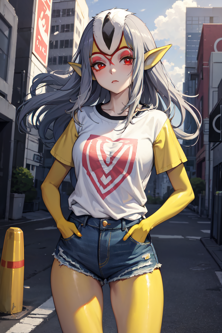 1girls ai_generated blue_submarine_no._6 breasts clothed female grey_hair humanoid long_hair marine monster_girl mutio pointy_ears red_hair torn_pants yellow_skin