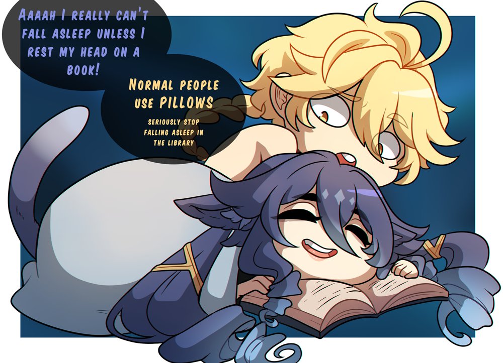 1boy, 1girls, aether (genshin impact), cat girl, catgirl, chibi, english text, female, genshin impact, kinkymation, layla (genshin impact), male, text