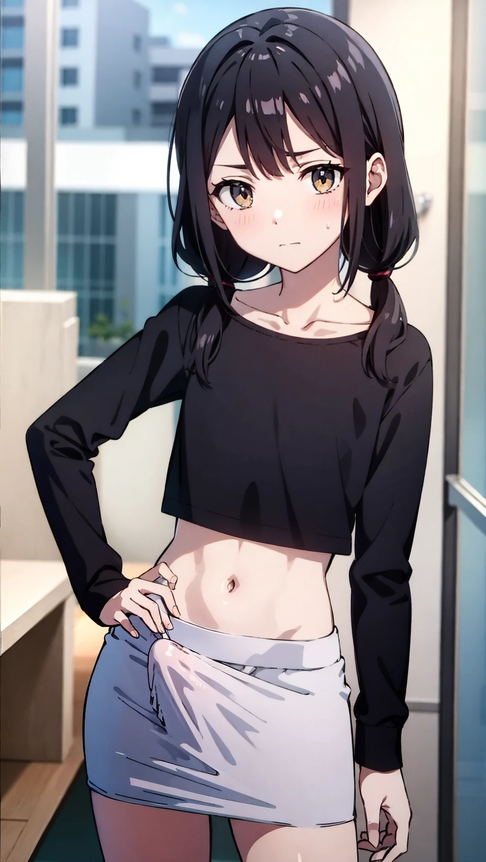 ai generated, bulge, bulge through clothing, crop top, erection, erection under clothes, erection under clothing, female, flat chest, flat chested, futanari, intersex, long sleeves, low twintails, pencil skirt, skinny, skirt, white skirt, yuuki snow