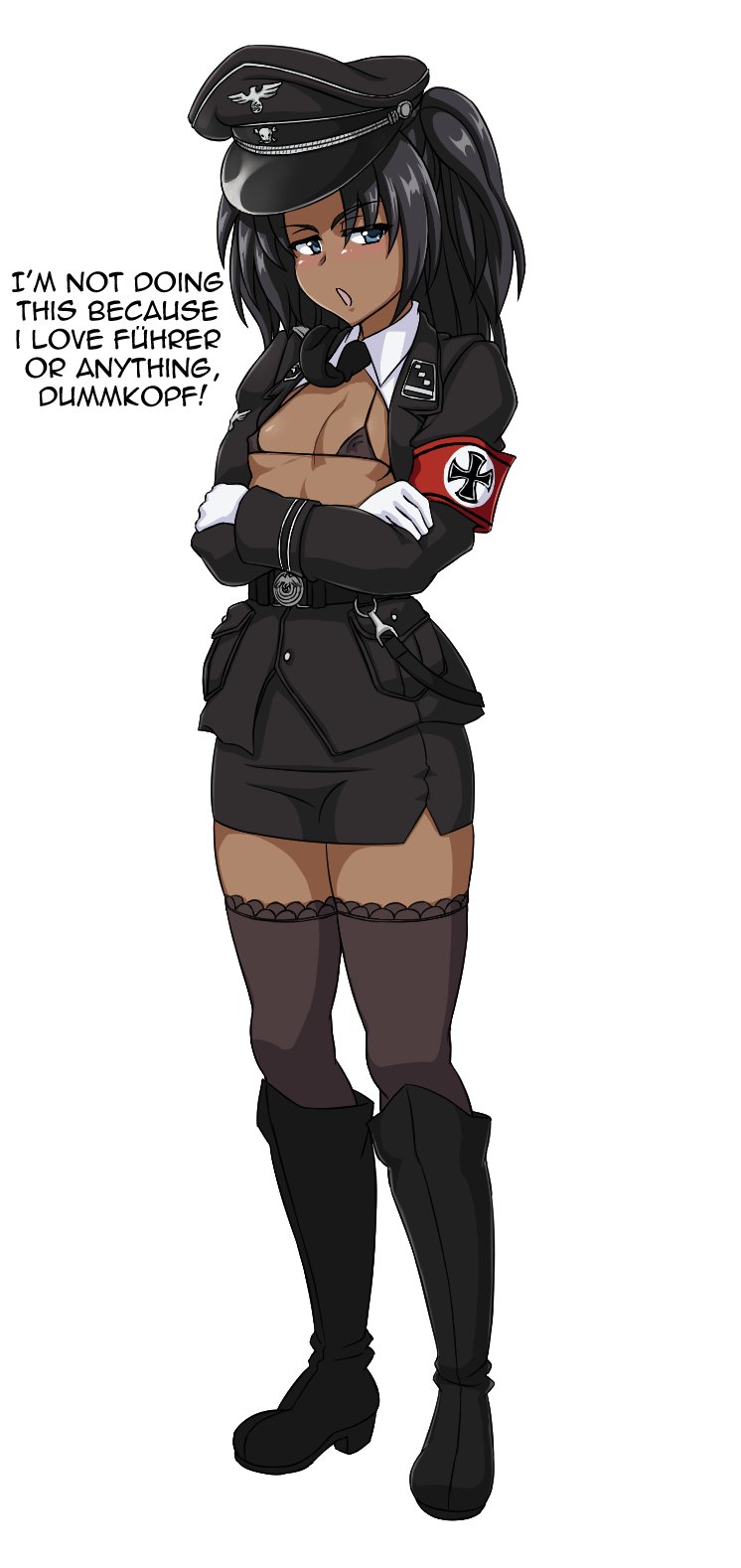 blue eyes, bra, breasts, dark skin, dark-skinned female, female, iron cross, nazi