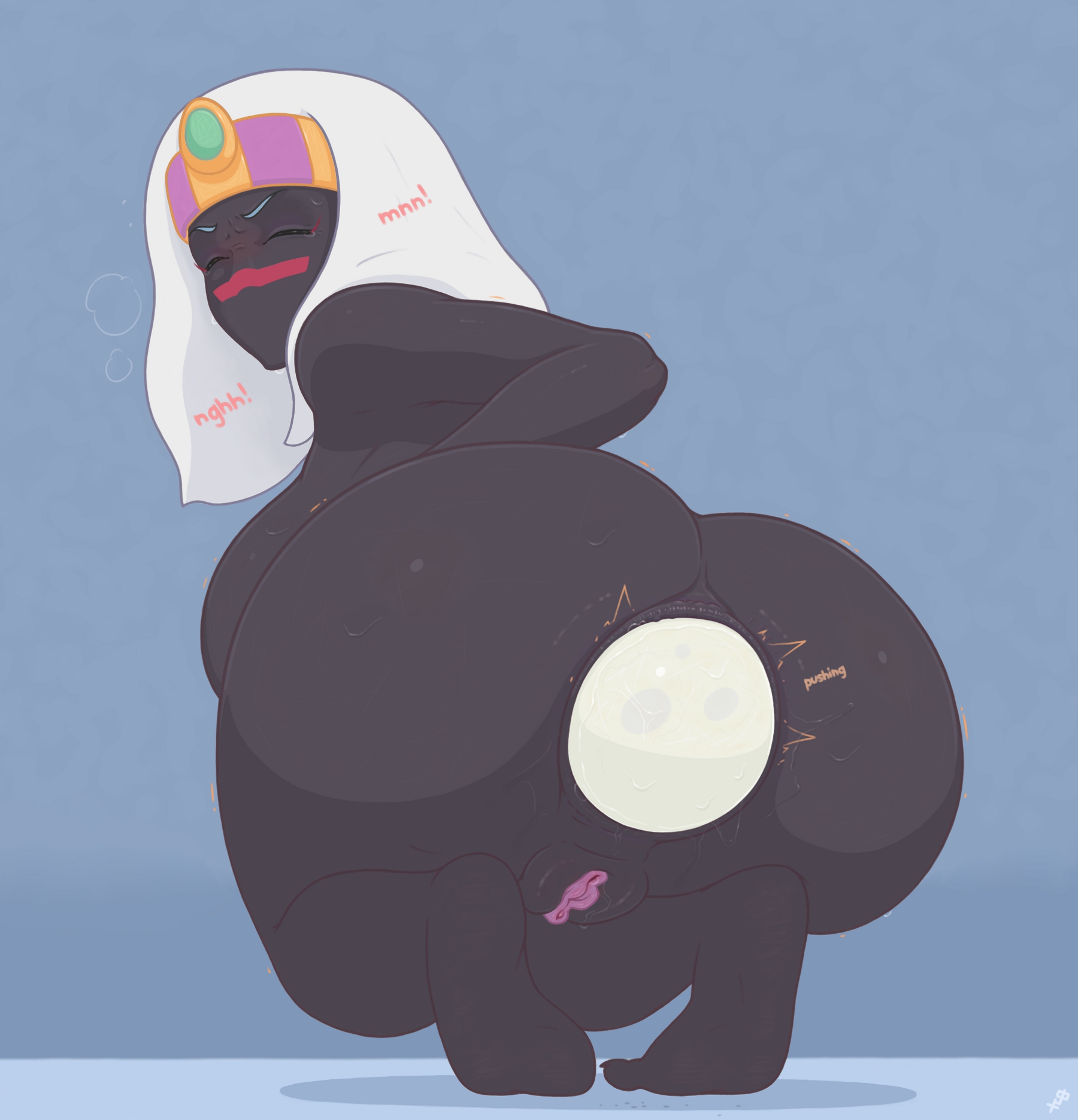 alien, anal birth, anus, ass, ass juice, black skin, blush, breasts, closed eyes, crouching, duck dodgers, egg, egg laying, feet, female, fugasvbashnyu, highres, humanoid, looney tunes, pussy, pussy juice, queen tyr'ahnee, sideboob, solo, squatting, warner brothers, white hair