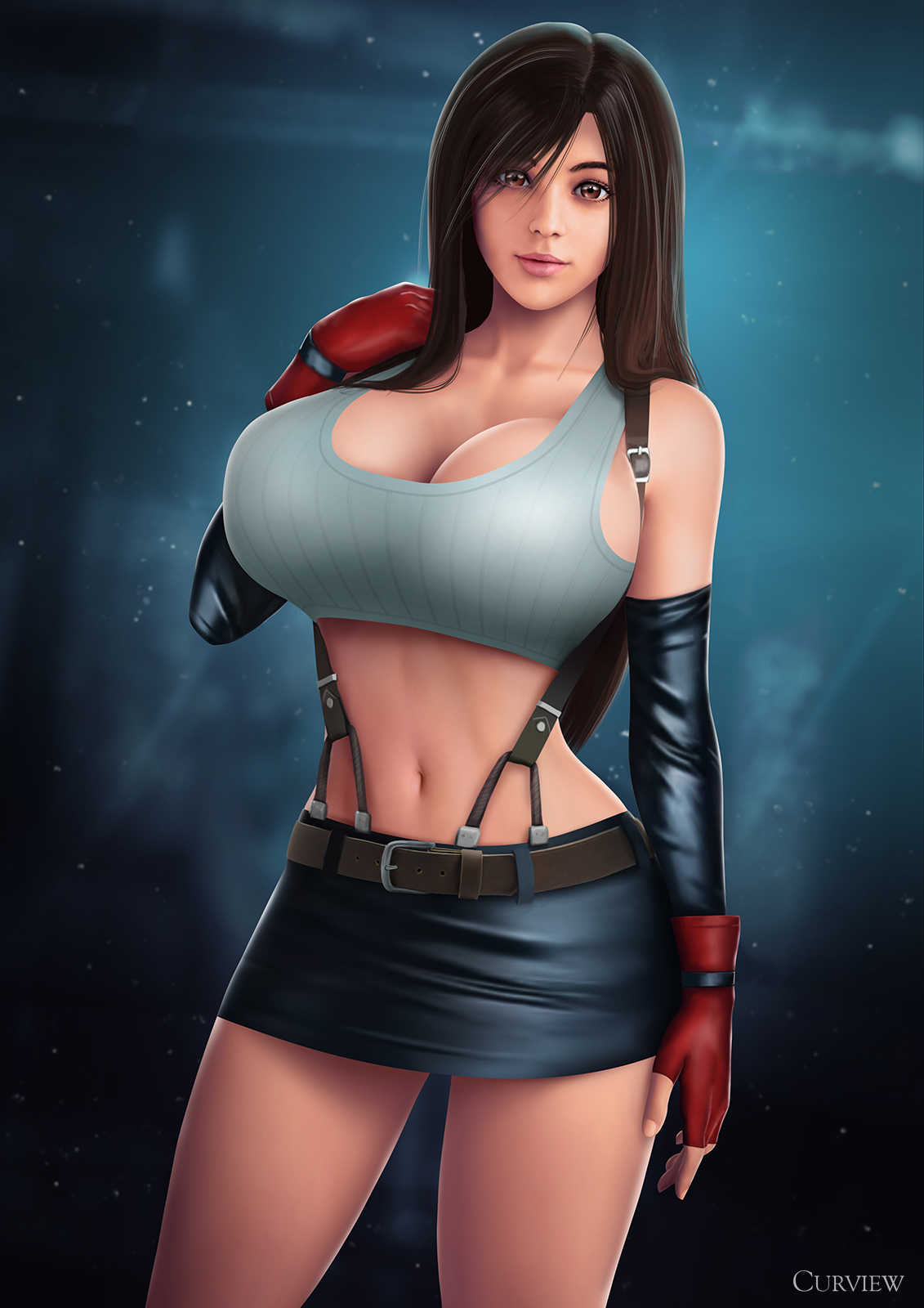 1girls, artist name, big breasts, breasts, curview, female, female only, final fantasy, final fantasy vii, gloves, hair, large breasts, long ears, navel, shirt, skirt, solo, square enix, thighs, tifa lockhart, video game
