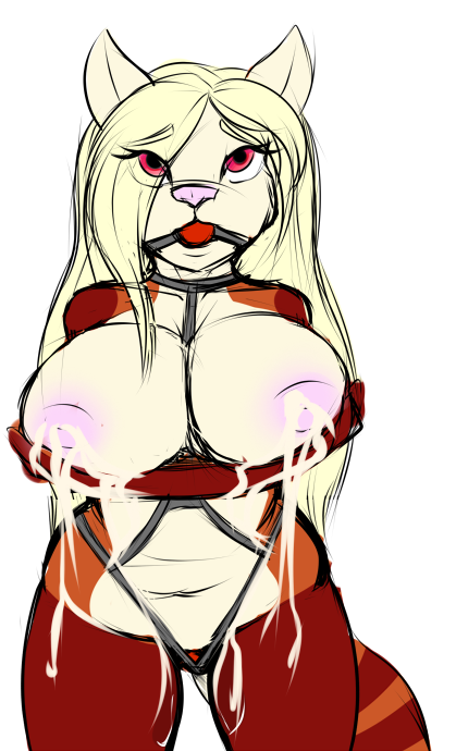 2016 anthro areola ball_gag big_breasts bondage bound breasts dildo female fur gag gagged hair harness huge_breasts ivory-raven lactation looking_at_viewer mammal milk nipples penetration red_panda sex_toy shea simple_background sketch solo standing white_background