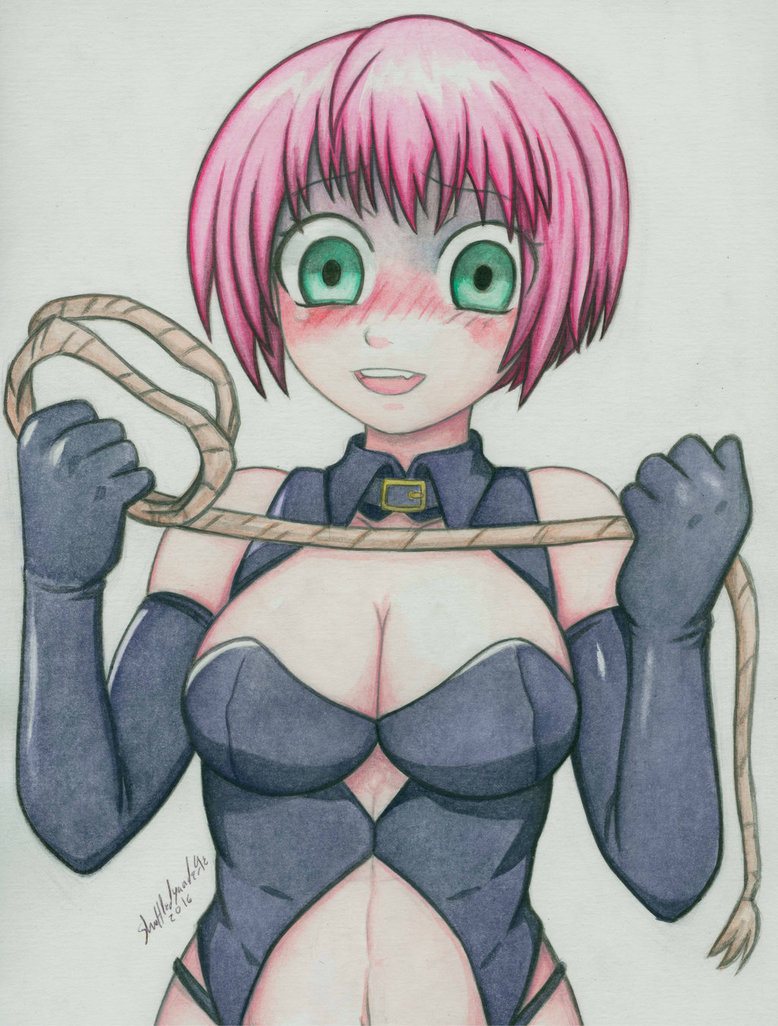 bare_shoulders blush breasts cleavage dominatrix female femdom green_eyes looking_at_viewer navel open_mouth original pink_hair short_hair shuffledyandere smile solo upper_body yandere yoshie