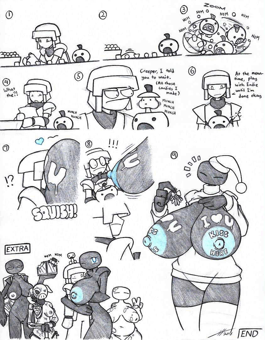 ... 1boy 2girls 4girls armor baby_creeper big_breasts breasts clothed clothing comic creeper enderman enderwoman endie_(mutantnight) female food fruit human interspecies iron_boy male mammal minecraft mutantnight nipples nude partially_colored pumpkin sketch slime slime_(minecraft) sweater text video_games zombie_pigman