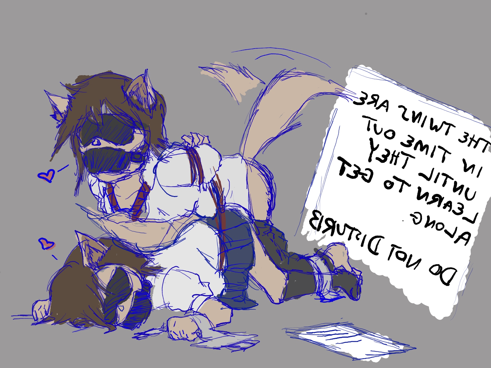 1boy, ambiguous consent, anthro, blindfold, bondage, bound, bound arms, bound together, bound wrists, brother, female, forced, forced partners, furry, gag, gagged, incest, lupinvale, male, male and female subs, malesub, questionable consent, rough sketch, text, tied up, twincest, twins, yiff, young