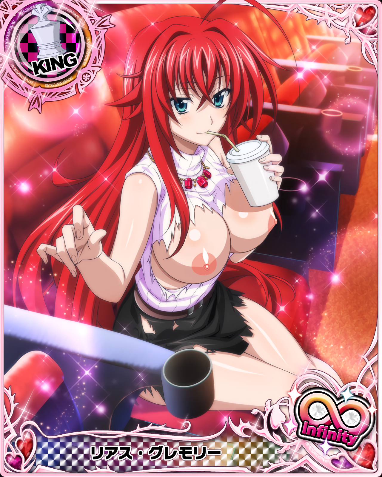 blue eyes, breasts, breasts out, card (medium), female, female only, high school dxd, large breasts, long hair, photoshop, pointy chin, red hair, rias gremory, torn clothes
