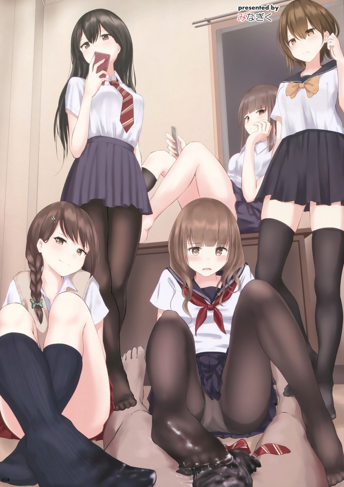 1boy, 5girls, barefoot, black hair, blush, braid, brown eyes, brown hair, cellphone, clothed female nude male, cum, cum on clothes, cum on feet, feet, female, footjob, footjob over clothes, footjob with legwear, hair ornament, hairclip, long hair, looking at viewer, male, minagiku, multiple females, multiple girls, necktie, panties, panties under pantyhose, pantyhose, school uniform, serafuku, short hair, sitting, skirt, smile, sock removed, socks, standing, thighhighs, tie, tied hair, upskirt