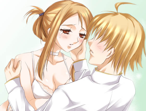 agrias_oaks artist_request blonde_hair blush choker clenched_teeth female final_fantasy final_fantasy_tactics final_fantasy_tactics_(original) hair_tie hand_on_another's_arm hand_on_another's_cheek hand_on_arm hand_on_cheek hidden_eyes husband_and_wife male nightgown open_mouth ramza_beoulve red_eyes shirt standing straight tear