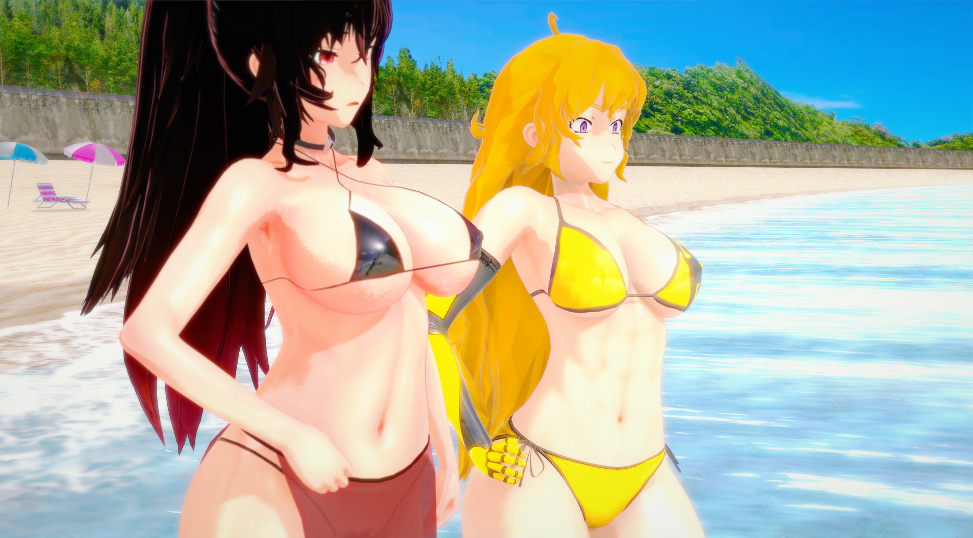 2girls, 3d, alternate hairstyle, beach, big breasts, bikini, black hair, blonde hair, breasts, busty, cleavage, female, hand on hip, hi res, large breasts, long hair, mature, mature female, milf, mother, mother and daughter, multiple females, multiple girls, navel, ocean, ponytail, purple eyes, raven branwen, red eyes, rwby, sarong, thong bikini, toratigerr, water, yang xiao long