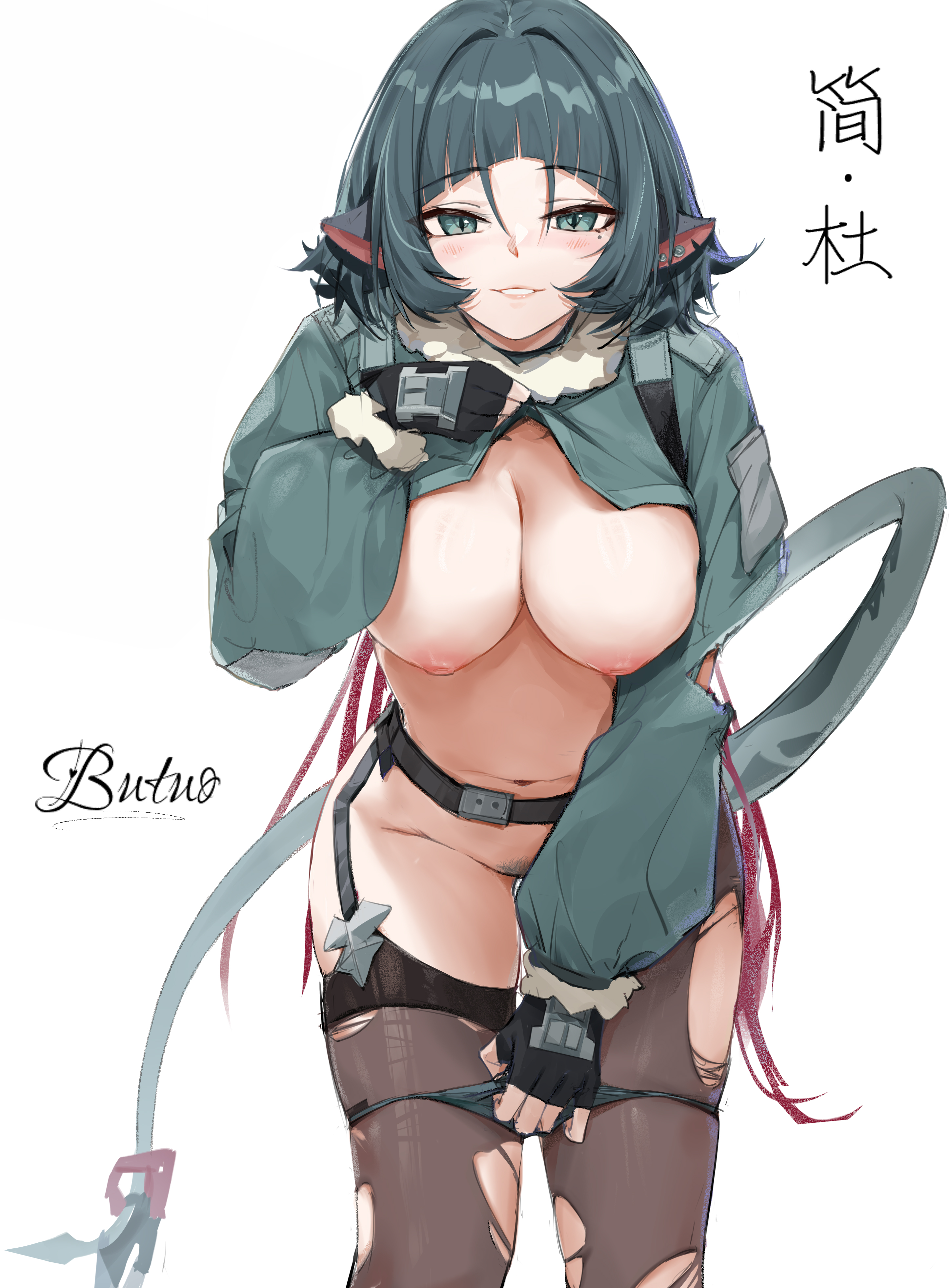 alternate version at source, animal ears, bottomless, butuo (butuo13), female, functionally nude female, hi res, jane doe (zenless zone zero), more at source, tail, torn clothing, torn pantyhose, zenless zone zero