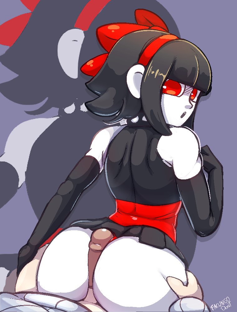 ass, assjob, back view, black hair, buttjob, condom, condom on penis, elbow gloves, facungo dont, female, male, miniskirt, penis, scythe (dizzyspells), short hair, taken from behind, white skin