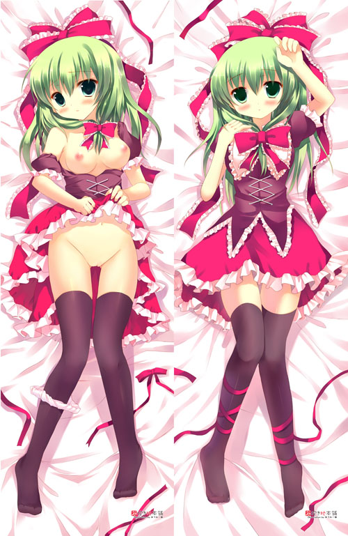 azumi_kazuki blush breasts dakimakura female front_ponytail green_eyes green_hair hair_ribbon kagiyama_hina lying no_shoes on_back panties panties_around_one_leg pussy ribbon thighhighs touhou underwear