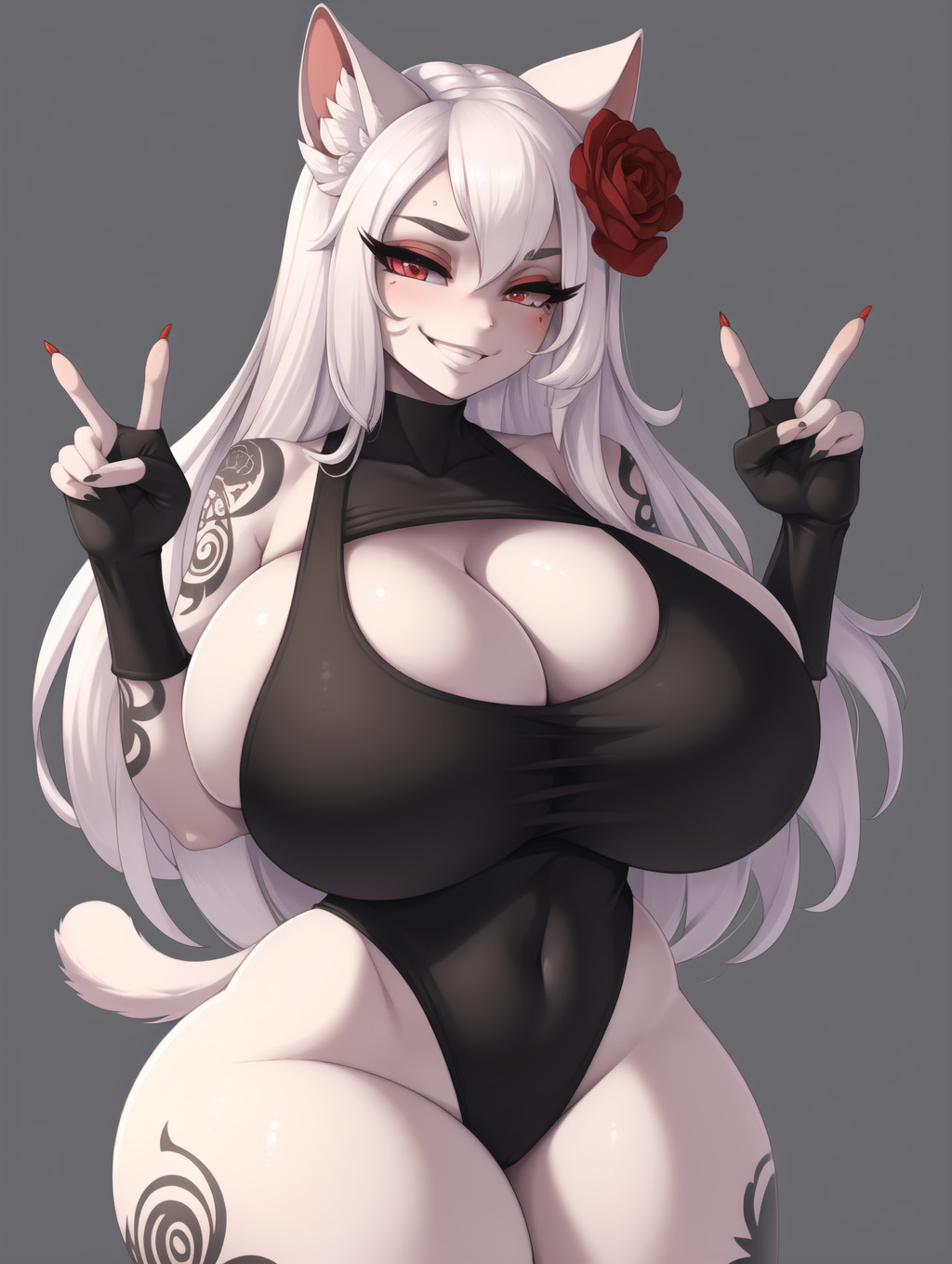 ai_generated big_ass big_breasts cat_ears cat_girl cat_humanoid cat_tail catgirl cleavage front_view gustav_galla huge_ass huge_breasts large_breasts long_hair pale_skin rose rose_in_hair sideboob smile stable_diffusion tattoo tattoos thick_thighs unitard v_sign white_hair wide_hips