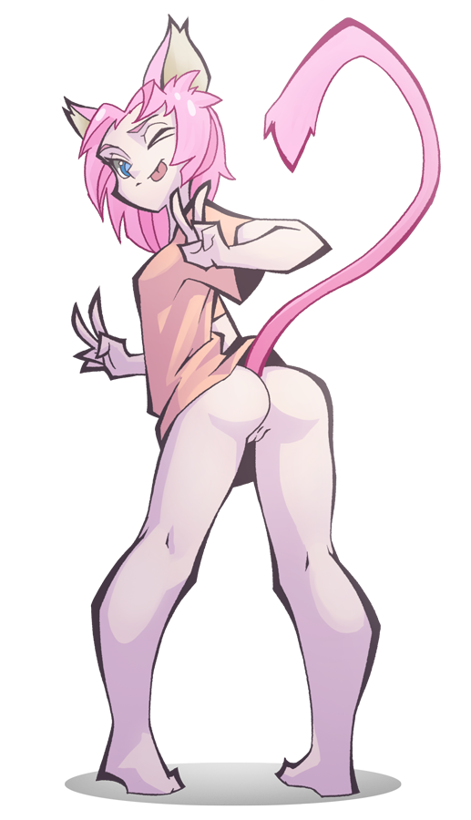 2016 ;p alpha_channel animal_ears ass backpussy blue_eyes bottomless breasts cat_ears feline female fur human humanoid long_hair looking_at_viewer looking_back mammal no_underwear one_eye_closed pink_fur pink_hair pussy shirt simple_background solo standing the_pink_pirate tongue tongue_out transparent_background v wink